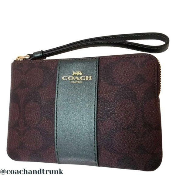 NWT COACH Corner Zip Wristlet In Signature Canvas With Metallic Forest Green - Picture 7 of 10